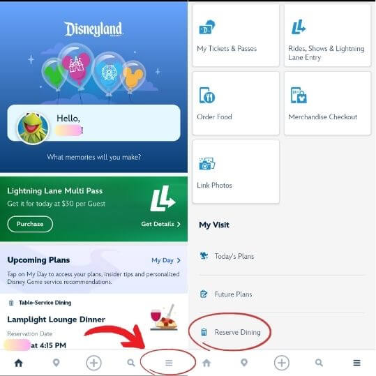 Disneyland アプリの右下からReserve Diningを選ぶ